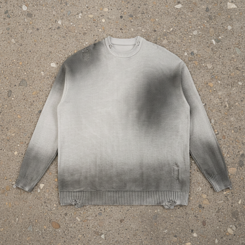 "Silhouette" Sun Fade Distressed Ripped Crewneck Sweater