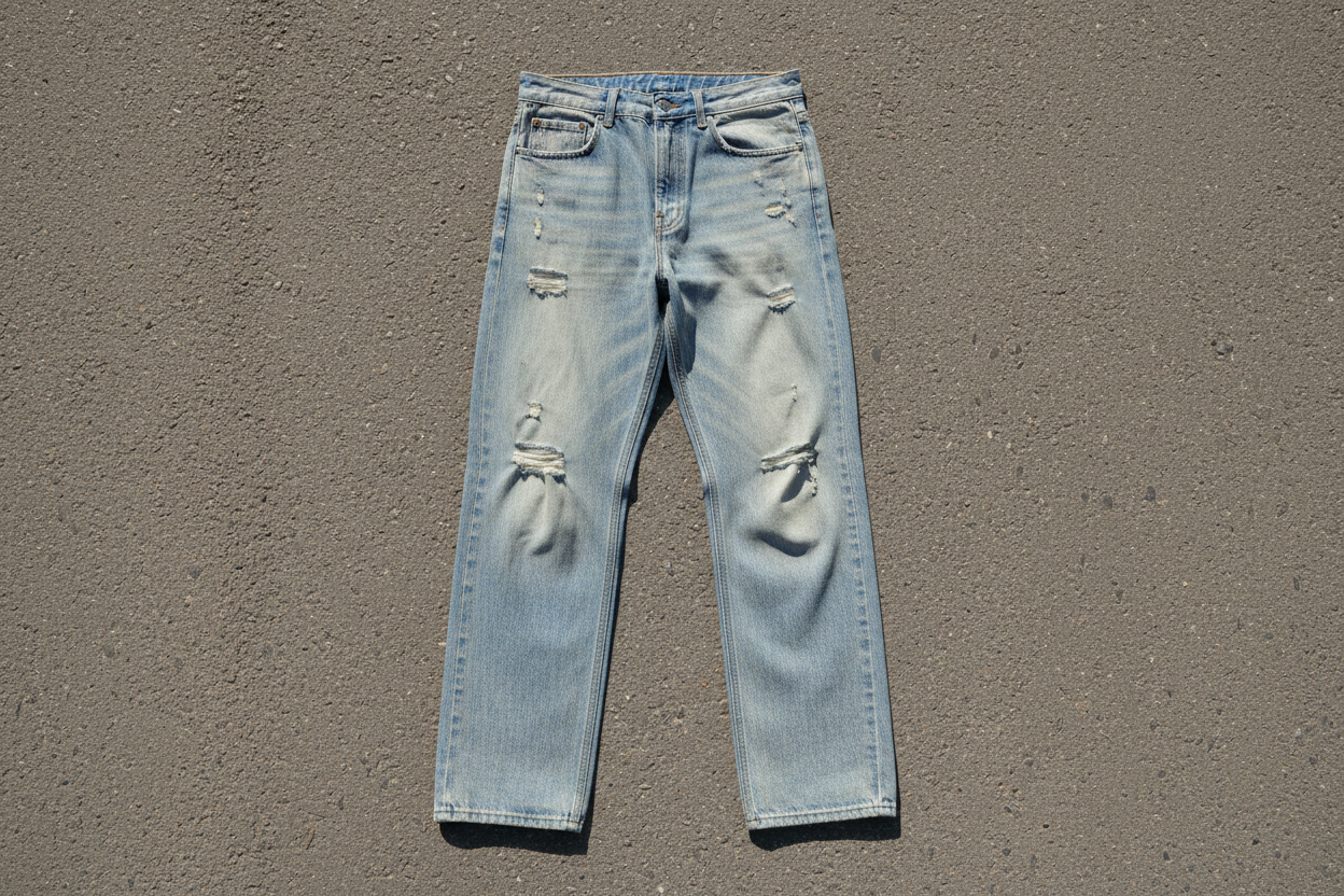 Sun Fade Raw Hem Denim Jeans