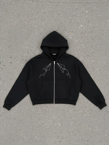 "Paper Planes" Fleece Zip-Up Boxy Hoodie