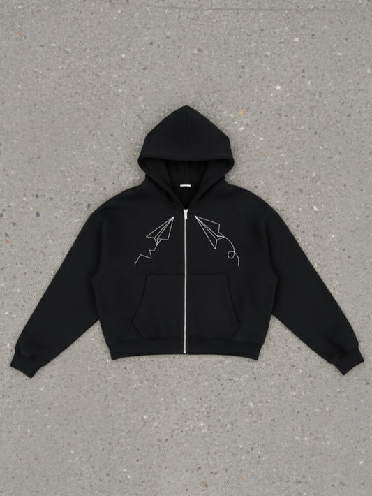 "Paper Planes" Fleece Zip-Up Boxy Hoodie